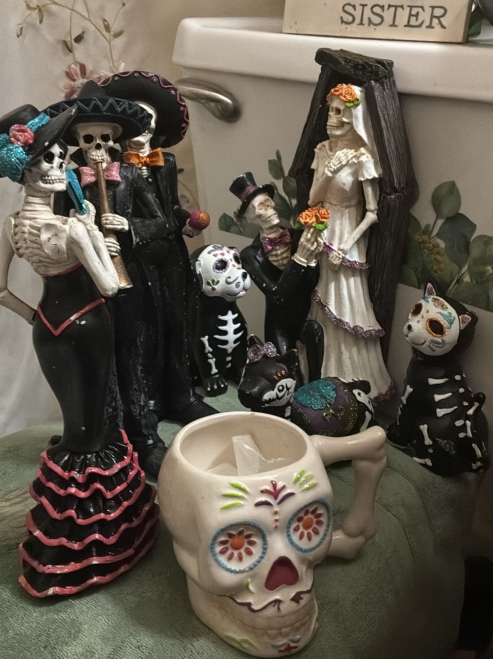 Day of the Dead Sugar Skull Mug and Festive Skeleton Figurine Set - Multicolor